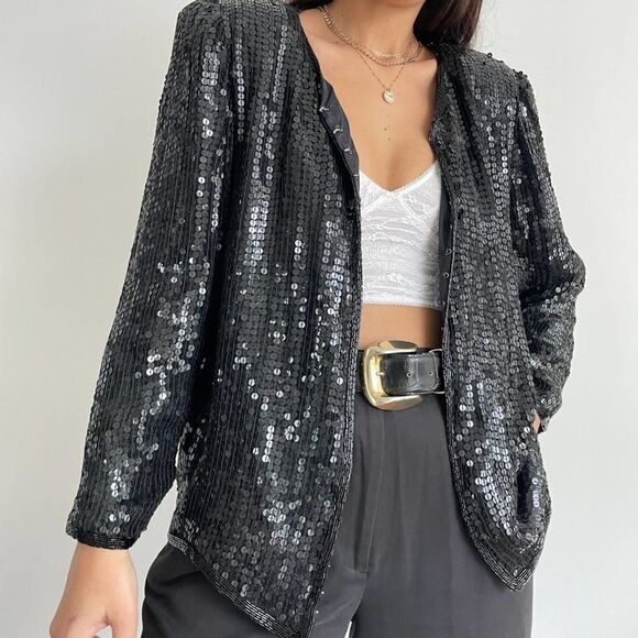 Vintage Stenay 100% silk black sequin jacket size small - Picture 2 of 10